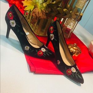 Black suede heels w/ red/pink embroidered florals